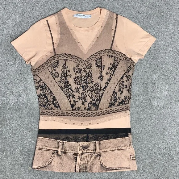 S VTG Y2k AUTH Christian Dior 2006 Trompe L'oeil Denim Lace Tee Shirt Logo Top - Picture 4 of 15